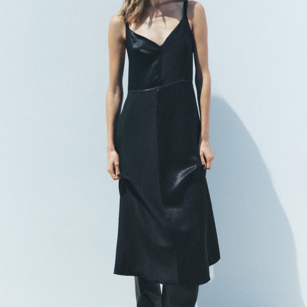 Zara Women's Black Slip Dress Satin Effect Midi Spaghetti Strap Classic Party XS